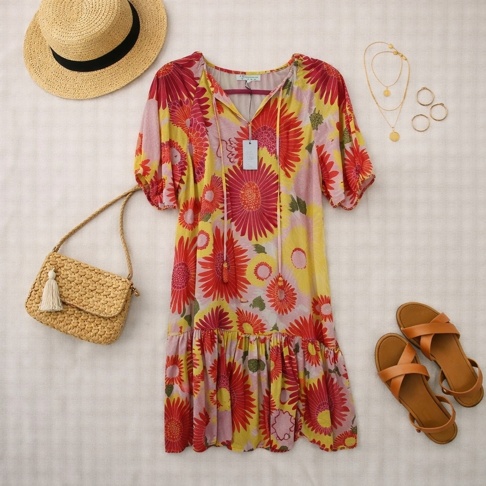 NWT CEZELE Kaftan/maxi Pink Yellow Red Floral. Short Sleeve. Poly. Size Medium